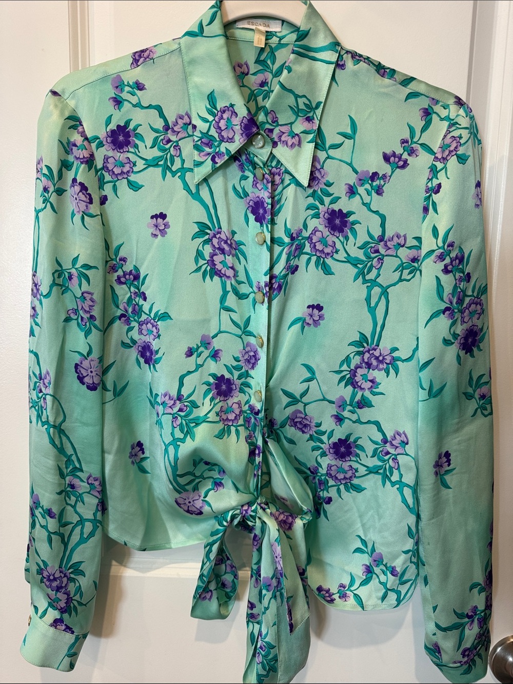 Escada by Margaretha Ley Rare Mint Green Floral Tie-Front Button-Down Blouse